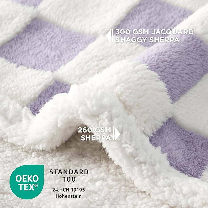 LE SURE Waterproof Dog Blanket for Medium Dogs - Washable Double Sided Dog Blankets with Warm Jacquard Shag and Soft Sherpa Fleece, Pet Cat Blanket for Couch Protection, 3D Textured Checks, Purple