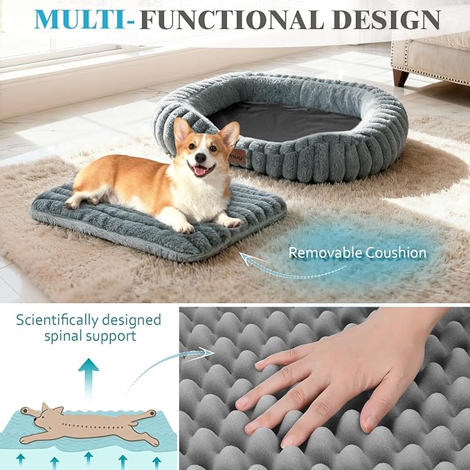 Orthopedic Dog Bed for Small Medium Dogs & Cats - Soft Furry Puppy Bed with Removable Washable Cover & Anti-Slip Bottom, Calming Rectangle Cat & Puppy Bed for Indoor Pets, 25x21x4inches, Grey