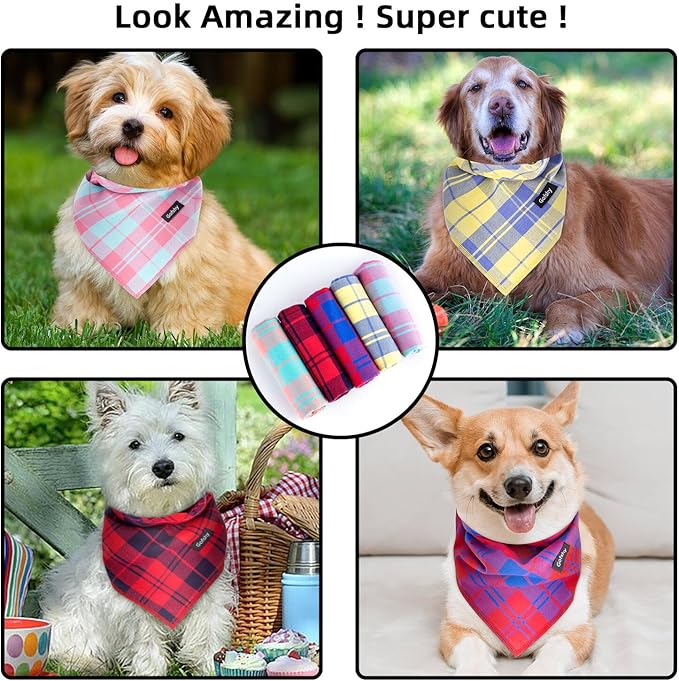 Spring Dog Bandana Large-Dog Scarf Vibrant Color Pink Green Plaid Printing Adjustable Bib Handkerchief Accessories for Medium Large Dogs (L)