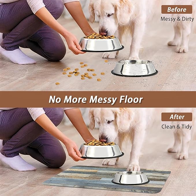 Vintage Barn Wooden Dog Cat Food Mat,Rustic Wood GrainAbsorbent Pet Feeding Mat for Food and Water,Non-Slip Dog Bowl Mats Floor Protector 16"x24"