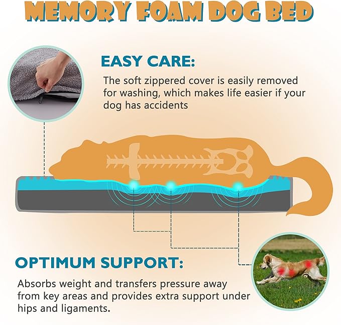 Memory Foam Large Dog Bed, Orthopedic Dog Beds for Large Dogs, Washable Cooling Pet Mat for Crate with Joint Relief Memory Foam (Light Grey)