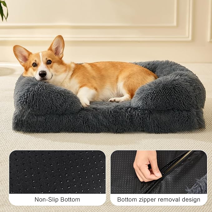 Orthopedic Dog Bed Large Dogs of Comfortable Memory Foam Pet Bed with Sides,Fluffy Dog Couch Sofa Bed with Anti-Slip Bottom Dark Grey L
