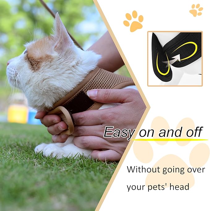 Kitty Harness and Leash for Walking Escape Proof Breathable Mesh Fabric, Solid Brown, Small, Adjustable Cat Walking Jackets with Handle, Padded Stylish Cat Vest