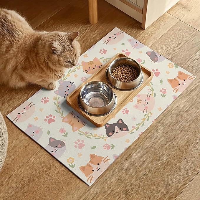 Cat Feedings Mats 20x12 inch Beige Cat Print Pet Bowl Placemat Non Slip Mat for Cats Food and Water Indoor Kitty Feeding Station Cute Cats Meal Mat for Small Pets Kitchen Floor Use