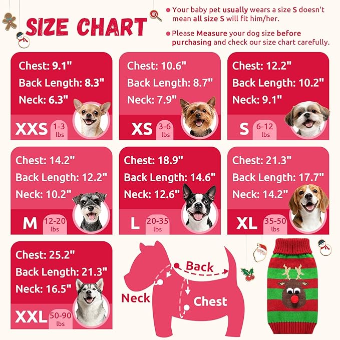 Dog Cat Christmas Sweater Boy Girl Ugly Reindeer Xmas Pet Clothes Holiday Puppy Costume New Year Gifts for Small Medium Large Dogs Outfits (XS, Red Green Stripe Reindeer)