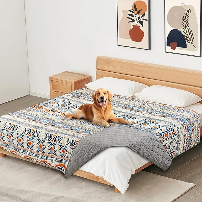 Waterproof Dog Blanket, Bohemian Dog Bed Cover Pet Blanket, Reversible Sofa Couch Cover for Dogs Washable, Protect Furniture Bed Couch Sofa for Puppy Cat (Blue Medallion, 68×82 Inch)