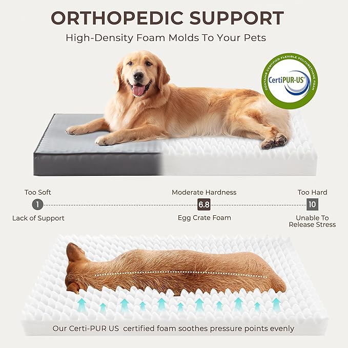2-Pack Waterproof Dog Bed Large Size Dogs, Plush Cushion & Orthopedic Egg-Crate Foam Mattress for Senior Dogs, Washable Dog Crate Bed with Removable Cover, Dark Grey