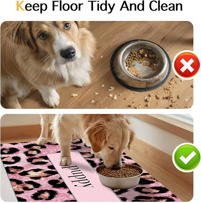 Puppy Feeding Mat 20x12 inch Pink Leopard Print Dog Bowl Placemat Non Slip Mat for Pet Food and Water Small Dogs Indoor Feeding Station Puppy Pet Placemat for Kitchen and Dining