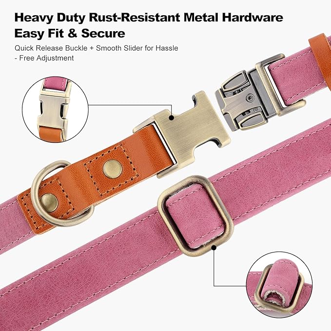 Plutus Pet Genuine Leather & Hemp Dog Collar – Adjustable Heavy Duty Pet Collar with Quick Release Metal Buckle, Soft & Stylish for Puppy and Small, Medium, Large Dogs (Pink, L)