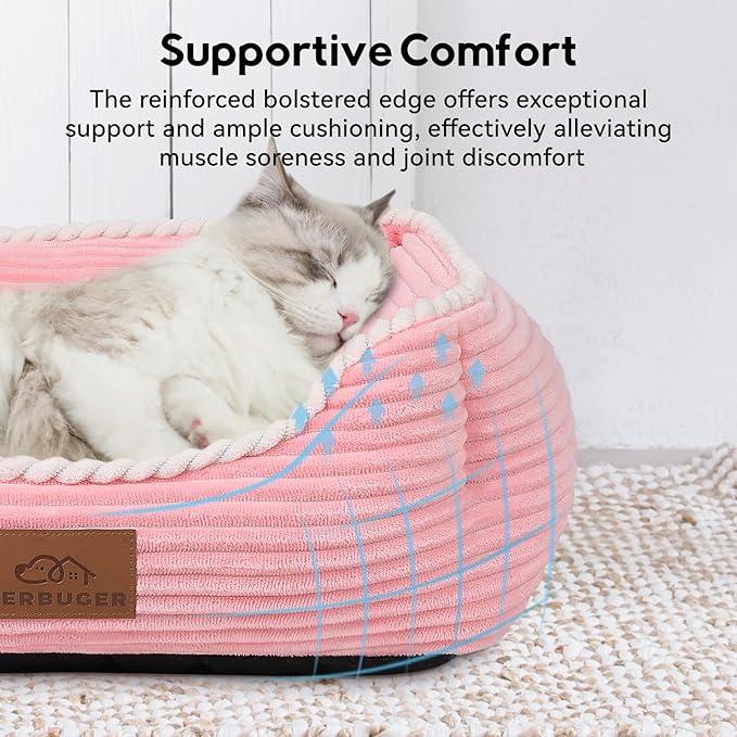 Cat Dog Bed for Pets, Rectangle Pet Bed Gift for Puppy and Kitten, Machine Washable Calming Fluffy Pet Couch Sofa for Indoor Outdoor, Portable Soft Cat Bed with Non-Slip Bottom (Small, Pink)