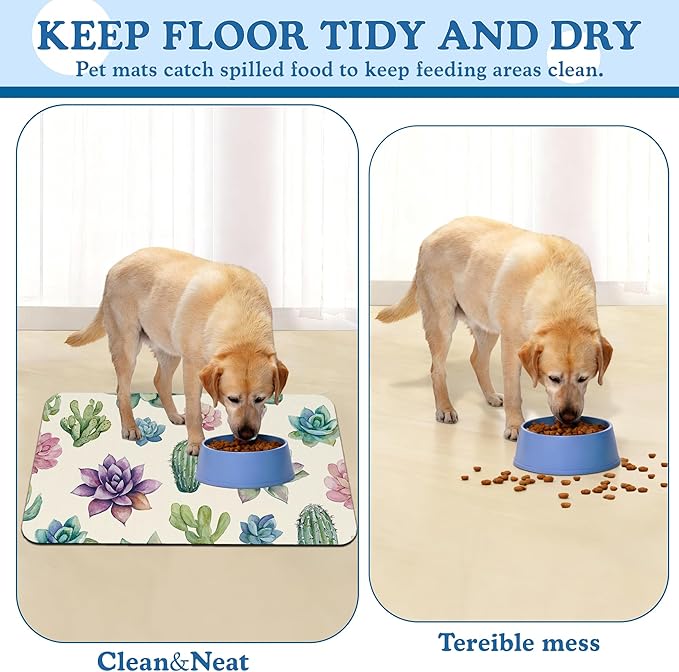 Cactus Flower Pet Feeding Mat for Floors–Christmas Stocking Absorbent Quick Dry Dog Cat Bowl Mat for Food and Water, Non Slip Waterproof Base, Mess-Free Feeding Accessories 16"x24"