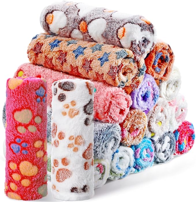 Chumia 18 Pcs Fleece Pet Blanket Soft Warm Sleep Mat Fluffy Cute Puppy Supplies Paw Bone Star Elephant Dot Heart Print Design Bed Blankets for Dog Cat Kitten Animals(30 x 20 Inch,Sweet)