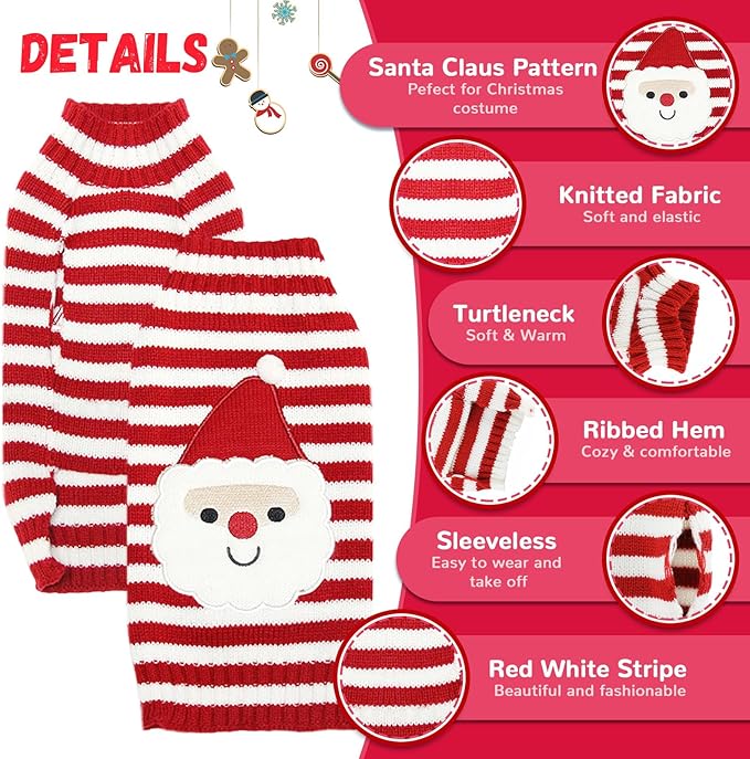 Dog Christmas Sweater Xmas Pet Clothes Cute Striped Santa Claus Costume Holiday Puppy Cat Jumpers Outfits New Year Gifts for Small Medium Large Dogs (M, Red White Stripe Santa Claus)