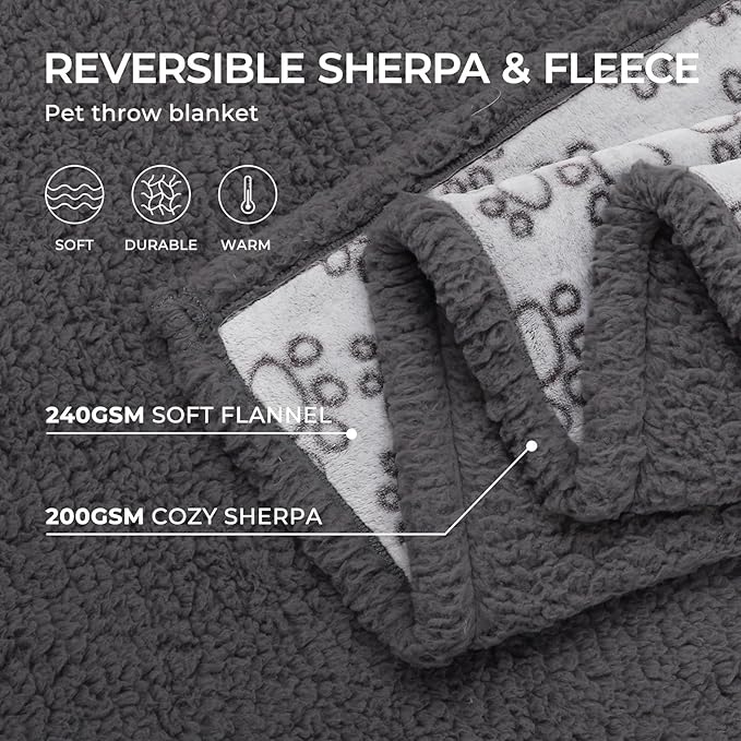Luciphia Waterproof Pet Blankets for Couch Sofa Bed Cover Liquid Pee Proof Washable Soft Fluffy Large Dog Blanket Reversible Furniture Protection Paw Grey Large（65" x 57"）