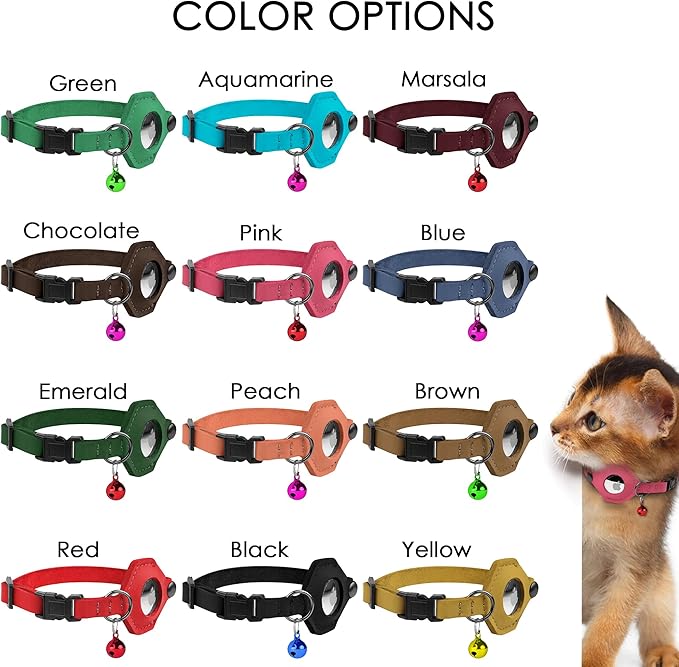 Breakaway Airtag Cat Collar with Removable Bell - Leather Soft Pet Collar with Apple Air Tag Holder - Adjustable GPS Collars for Girl Boy Cats Kitten Puppy - Lightweight, Cute and Comfortable (Red)