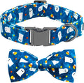 Halloween Dog Collar, Ghost Print Adjustable Pet Collar Blue Cute Cotton Soft Collars with Bow Tie Fall Metal Buckle Holiday Puppy Collars Boy&Girl Gift for Small Dogs