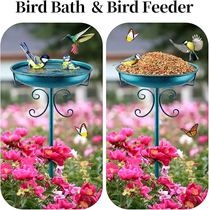 Daoeny 35In Metal Bird Bath for Outside, Vintage Freestanding Birdbaths & Birdfeeder, Bird Baths Feeder Bowl for Outdoors Garden Patio Yard Lawn Decor, Upgraded 5-Pronged Base (Blue)