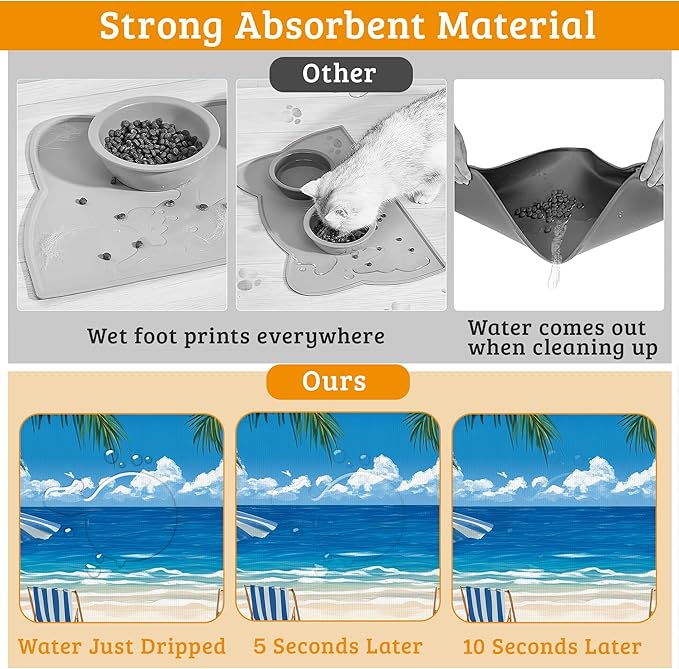 Pet Feeding Mat,Sea Beach Absorbent Dog Cat Food Mat Palm Tree Dog Mat with Rubber Backing,Non-Slip Water Bowl Placemat,Pet Supplies 12" x 20"