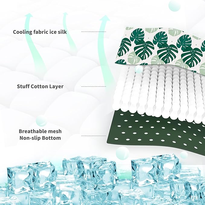 NWK Pack of 4 Pet Cooling Mat - Ice Silk Cooling Mat for Dogs & Cats Portable & Washable Pet Cooling Blanket, Car Seats, Beds for Summer (4pcs, Green Leaf, 39’’ X 27’’ X 0.3)