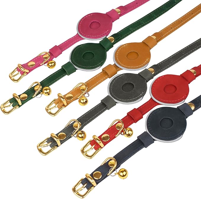 OOPSDOGGY Reflective Leather AirTag Cat Collar with Bell - Non Breakaway Adjustable Pet Collar with Apple Air Tag Holder - Lightweight GPS Kitten Collars for Small Dogs Puppy (Brown)