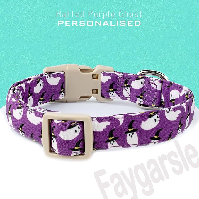 Faygarsle Halloween Dog Collar with Charm, Purple with Ghost Pattern, Adjustable Pet Collar for Small Medium Large Dogs,M