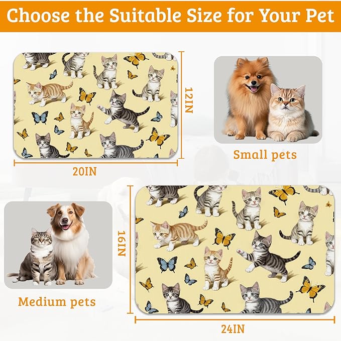 Dog Bowl Mat,Cute Cats Pet Feeding Mat for Floors Waterproof,Butterfly Absorbent Dogs Placemat for Food and Water Quick Dry Pet Cat Feeding Mats with Non Slip Bottom 16" x 24"