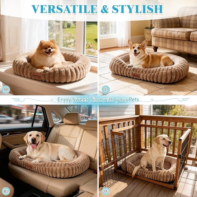 Cute Washable Dog Bed for Small Dogs -Soft Plush Calming Puppy & Cat Bed with Anti-Slip Bottom, Rectangle Anti-Anxiety Puppy Kennel Bed with Handle, 25" x 21" x 4", Brown