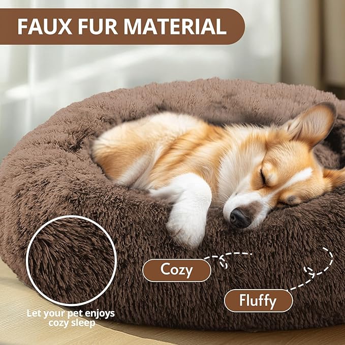 JOLLYVOGUE Calming Dog Bed Large Size Dog, Anti-Anxiety Donut Large Pet Bed, 36 inches Fluffy Faux Fur Round Cat Bed, Fits up to 75 lbs Pets (Coffee)