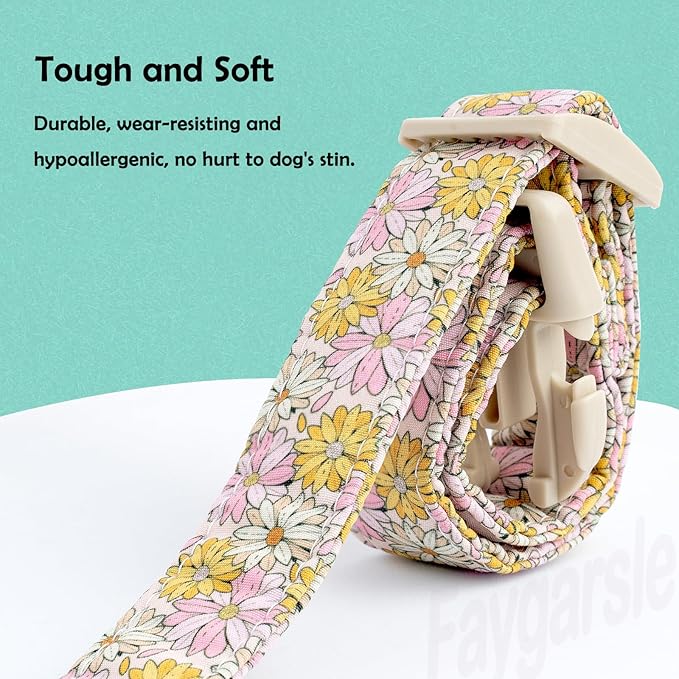 Faygarsle Floral Girl Dog Collar, Cotton Fabric with Daisies Pattern, Pink and Yellow Summer Spring Design for Small Medium Large Dogs S
