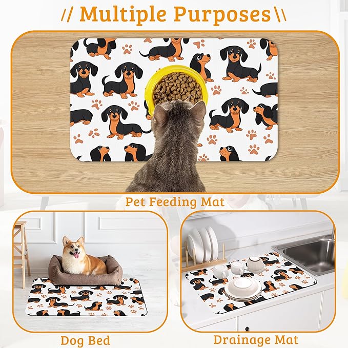 Dog Bowl Mat,Dog Dachshund Pet Feeding Mat for Floors Waterproof, Grey Paws Absorbent Dogs Placemat for Food and Water Quick Dry Pet Cat Feeding Mats with Non Slip Bottom 12" x 20"