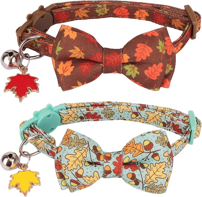 ADOGGYGO 2 Pack Fall Cat Collar with Removable Bow Bell, Brown Green, Halloween Thanksgiving Fall Collars for Cat Kitten