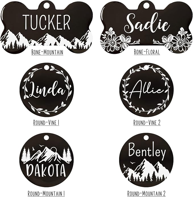 UltraJoys Stainless Steel Pet ID Tag Dog Name Tags Personalized Front and Back Engraving, Customized Dog Tags and Cat Tags, Optional Engraved on Both Sides, Round Tag with Vine Design, Small Black