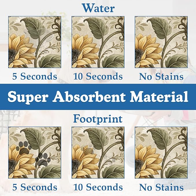 Vintage Sunflower Pet Feeding Mat for Floors–Christmas Stocking Absorbent Quick Dry Dog Cat Bowl Mat for Food and Water, Non Slip Waterproof Base, Mess-Free Feeding Accessories 12"x20"