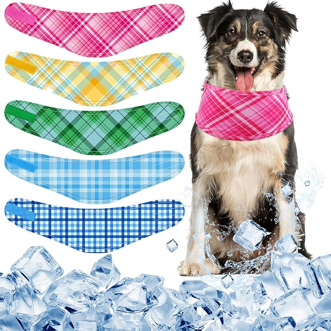 Talltalk 5 Pieces Dog Cooling Bandanas Neck Wraps Ice Scarf Pet Dog Cooling Collar Hunting Training Hiking Camping Accessories for Summer(Plaid,XL)