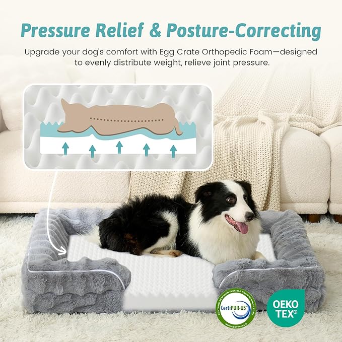 Orthopedic Dog Bed for Extra Large Dog, Soft and Warm Faux Fur Sofa for Giant Pet Up to 150 lbs, Foam Bolster Anti-Slip Couch with Washable Removable Cover, XXL 48x35x8 inch, Grey