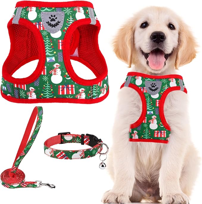 PUPTECK Adjustable Dog Harness Collar and Leash Set Step in No Pull Pet Harness for Small Medium Dogs Puppy and Cats Outdoor Walking Running, Soft Mesh Padded Reflective Vest Harnesses, Christmas, XXS