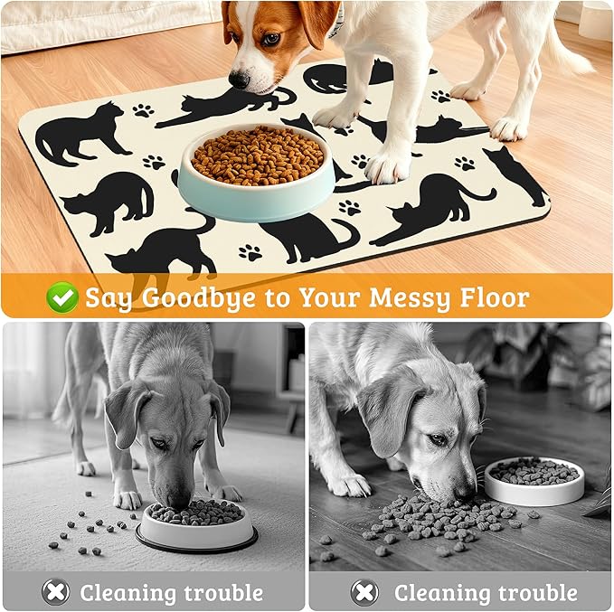 Pet Feeding Mat,Cat Silhouette Absorbent Dog Cat Food Mat Dog Mat with Rubber Backing,Non-Slip Water Bowl Placemat,Pet Supplies 16" x 24"