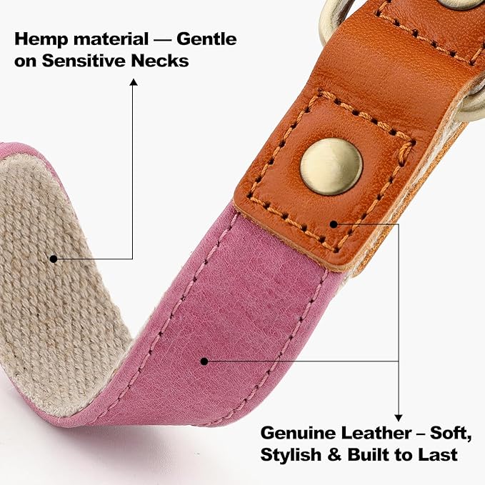 Plutus Pet Genuine Leather & Hemp Dog Collar – Adjustable Heavy Duty Pet Collar with Quick Release Metal Buckle, Soft & Stylish for Puppy and Small, Medium, Large Dogs (Pink, L)