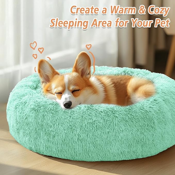 JOLLYVOGUE Calming Dog Bed Medium Size Dog, Anti-Anxiety Donut Medium Pet Bed, 31 inches Fluffy Faux Fur Round Cat Bed, Fits up to 45 lbs Pets (Mint Green)