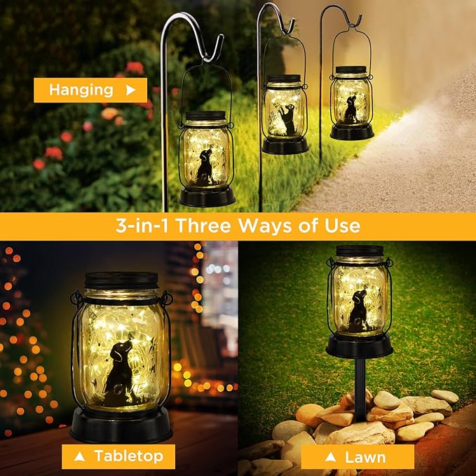 kyoryuger Dog Solar Lanterns 3in1 Dog Light Garden Decor Gifts for Women Mom Grandma Unique Teen Girl Gifts for Dog Lovers Decorative Pet Memory Lanterns for Yard Lawn Patio 2 Pack