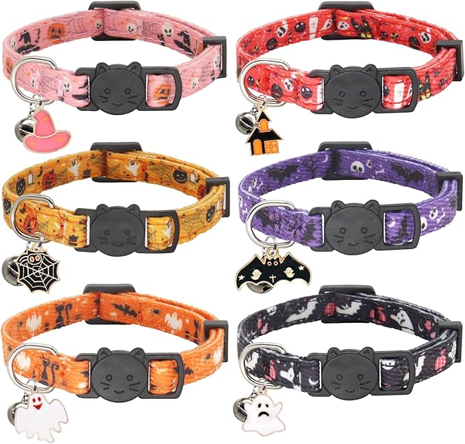 Halloween Cat Collar, Cotton 2 Pack Cat Collar with Bells, Breakaway Collars for Girl Boy Cats Kittens, Halloween Purple
