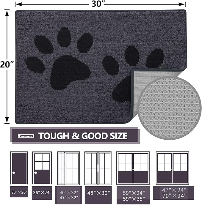 Buganda Dog Door Mat for Muddy Paws, Absorbent Dirt Trapper Washable Indoor Doormats, Non Slip Low-Profile Mud Mat for Dogs, Front Entrance Doormat for Inside Floor (30x20 Inches, Black)