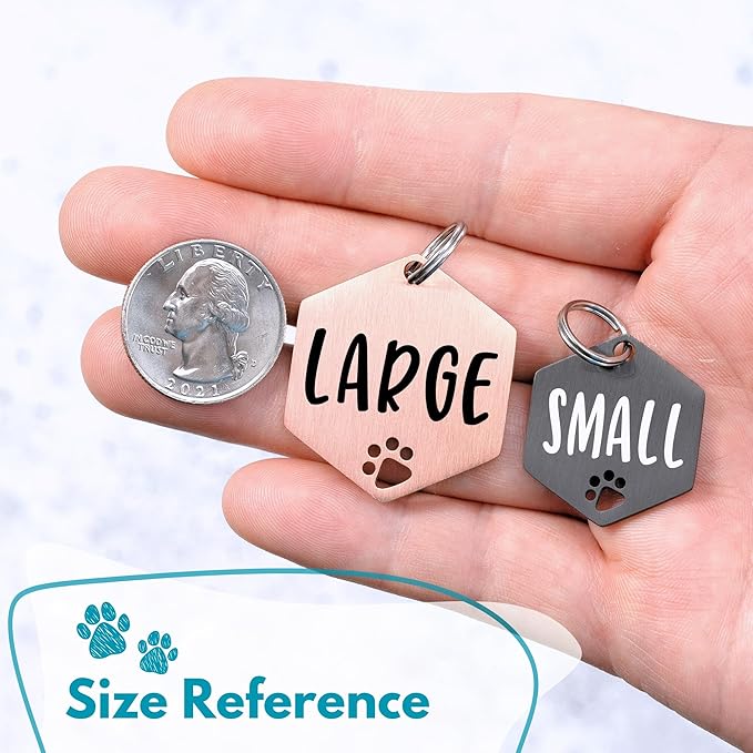 Ultra Joys Dog Tags Personalized for Pets - Hollow Paw Custom Pet ID Tag - Engraved Dog Tag for Small, Large Dogs - Large Hexagon in Rose