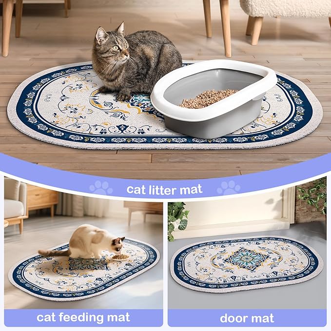 Bienbee Cat Litter Mat, 33" x 22" Large Size Litter Box Mat Rug with Non-Slip Bottom,Urine and Water Proof, Easy to Clean Cat Supplies Essentials for Indoor Kitty Kitten Floor, Blue L