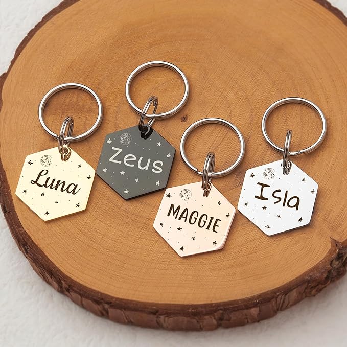 Anavia Small Size Dog Cat ID Tags, Small/XS Personalized Color Plated Stainless Steel Puppy Kitten Name Tags, Customized Engraved Nameplate Pet Collar Tag (Black, Hexagon)