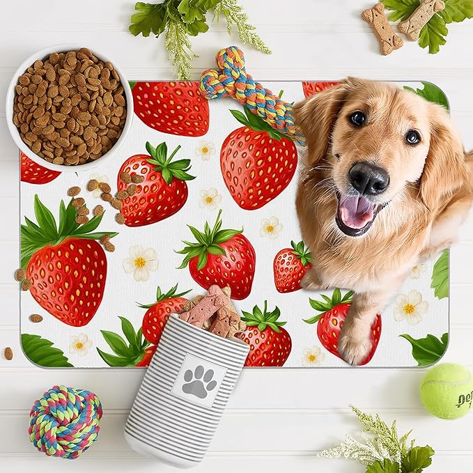 Cute Strawberry Flower Dog Cat Food Mat,Absorbent Pet Feeding Mat with Rubber Backing,Non-Slip Water Bowl Placemat,Indoor Pet Accessories Supplies 12"x20"