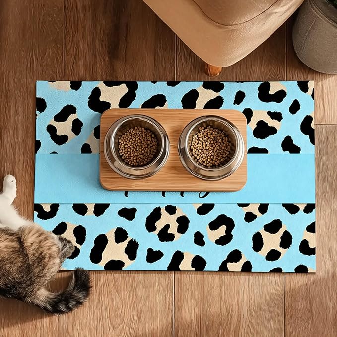 Puppy Feeding Mat 20x12 inch Blue Leopard Print Dog Bowl Placemat Non Slip Mat for Pet Food and Water Small Dog Feeding Area Indoor Puppy Food Station Pet Meal Mats for Kitchen Floor Use