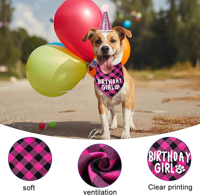 Dog Birthday Party Supplies, Dog Birthday Decorations with Birthday Girl Dog Bandanas/Dog Cat Birthday Hat/Dog Bow Tie/Collar with 0-8 Numbers, for Medium Small Dogs Pets (X-Large, Pink)