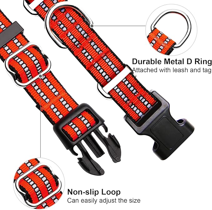 Martingale Dog Collar, Adjustable Nylon Reflective Collar with Quick Release Buckle (Bright Orange, Large)