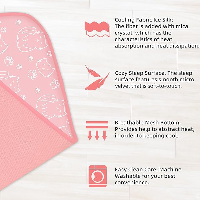 NWK Pet Cooling Mat - Ice Silk Cooling Mat for Dogs & Cats Portable & Washable Pet Cooling Blanket, Car Seats, Beds for Summer (1, Pink Cat, 16’’ X 20’’ X 0.3)